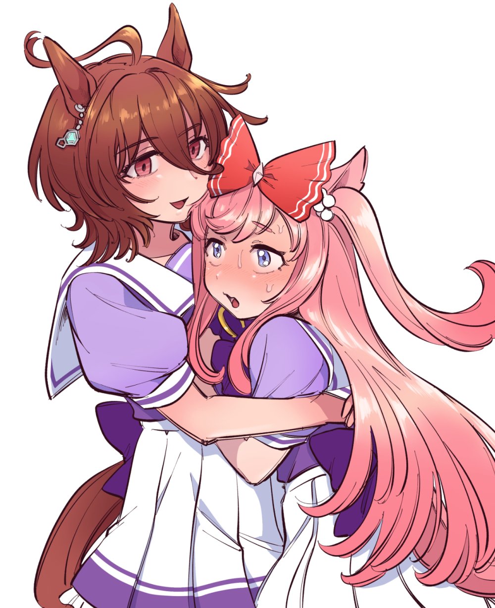 2girls agnes_digital_(umamusume) agnes_tachyon_(umamusume) animal_ears back_bow blue_eyes blush bow brown_hair commentary_request earrings hair_bow highres horse_ears horse_girl horse_tail hug jewelry long_hair matching_outfits multiple_girls pink_hair pleated_skirt puffy_short_sleeves puffy_sleeves purple_shirt purple_skirt red_bow red_eyes sailor_collar school_uniform shirt short_sleeves single_earring skirt sweatdrop tail tracen_school_uniform twintails umamusume yokuko_zaza