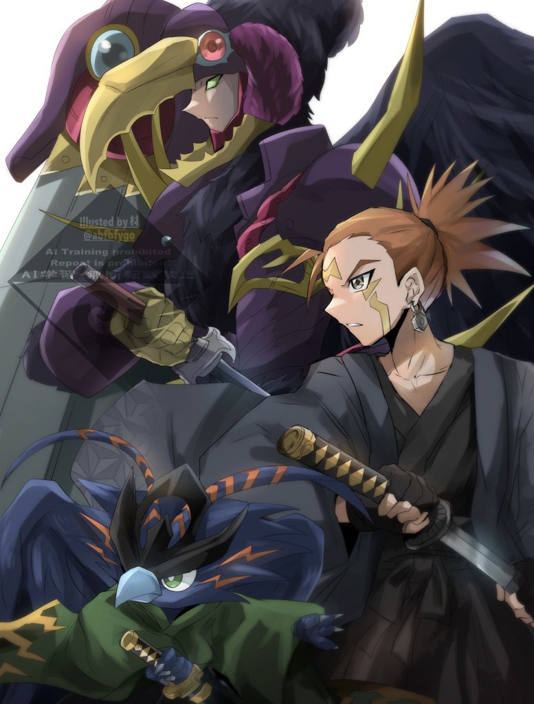 2boys abfbfygo assault_blackwing_raikiri_the_rain_shower bird black_feathers black_kimono blackwing_jin_the_rain_shadow cowboy_shot crow_hogan earrings facial_mark feathers green_eyes high_ponytail holding holding_sword holding_weapon japanese_clothes jewelry katana kimono multiple_boys orange_eyes ponytail profile simple_background sword watermark weapon white_background yu-gi-oh! yu-gi-oh!_5d&#039;s yu-gi-oh!_arc-v