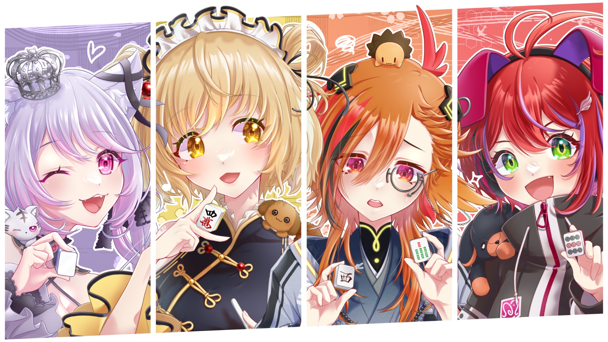 4girls :d akane_canna akane_canna_(2nd_costume) animal_ear_headphones animal_ears antenna_hair bead_necklace beads black_bow black_coat black_collar black_hair black_ribbon black_shirt blonde_hair blush bow breasts cat_ears china_dress chinese_clothes cleavage clothing_cutout coat collar column_lineup commentary_request criss-cross_halter crown detached_collar dog dress ear_ribbon fake_animal_ears fang flat_chest floppy_ears folded_hair frilled_shirt frills green_eyes grey-framed_eyewear grey_coat hair_between_eyes hair_bobbles hair_bow hair_ornament hair_ribbon halterneck headphones highres holding holding_mahjong_tile ina_uruu inaba_haneru_(animare) jewelry kazami_kuku letterboxed long_bangs long_hair long_sleeves looking_at_viewer looking_down looking_to_the_side low_twintails mahjong mahjong_tile maid_headdress mandarin_collar medium_breasts mini_crown monocle multicolored_coat multicolored_hair multiple_girls nanashi_inc. necklace one_eye_closed open_mouth orange_eyes orange_hair outline pink_eyes pink_hair purple_hair rabbit_ears rabbit_girl red_hair reona_kfc02 ribbon shirt short_hair shoulder_cutout smile streaked_hair tenbou twintails two-tone_coat two-tone_hair upper_body virtual_youtuber white_coat white_outline wiink wing_hair_ornament yellow_eyes zipper