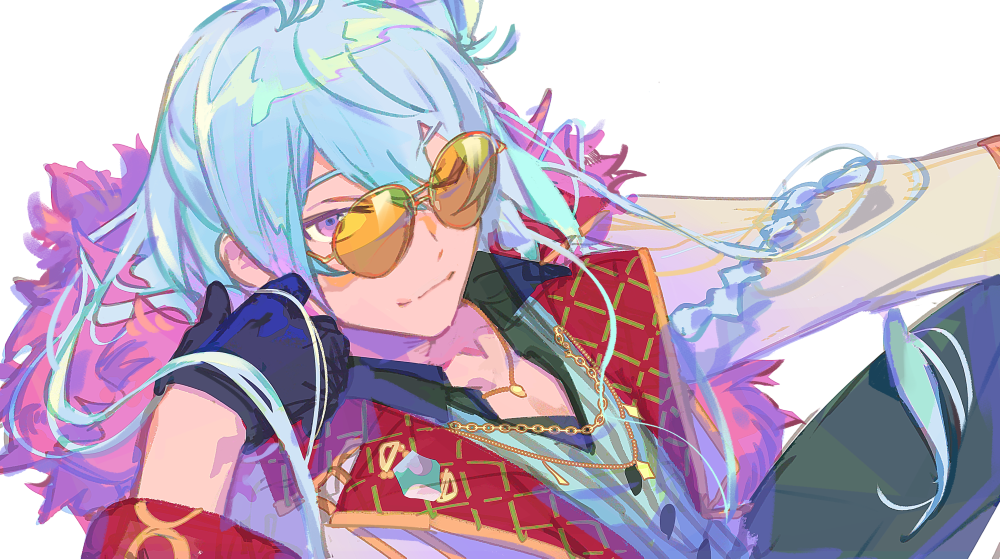 1boy ;) arm_on_knee bishounen black_gloves black_pants blue_hair blue_vest braid closed_mouth double-parted_bangs elbow_rest ensemble_stars! fur-trimmed_hood fur_trim gloves hand_up hibiki_wataru hood jacket jewelry knee_up logi_bunbukucha long_hair long_sleeves looking_at_viewer male_focus multiple_necklaces necklace one_eye_closed palmar_flexion pants pinstripe_pattern pinstripe_vest purple_eyes purple_fur reclining red_jacket side_braid simple_background smile solo split_mouth sunglasses tinted_eyewear unfinished v-neck very_long_hair vest white_background yellow-tinted_eyewear