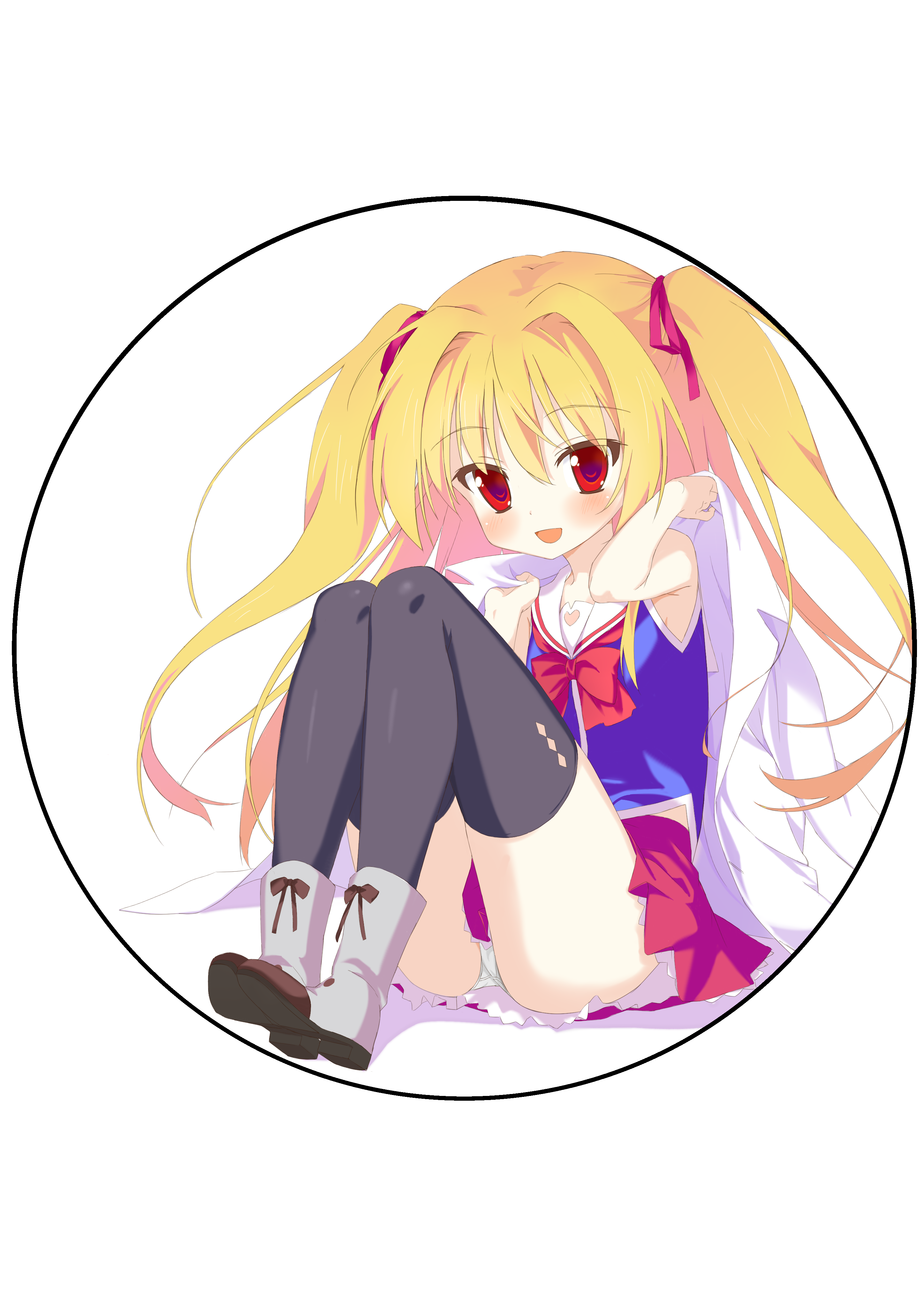 1girl absurdres black_thighhighs blush boots highres irotoridori_no_sekai long_hair looking_at_viewer miniskirt nikaidou_shinku official_style open_mouth panties pantyshot red_eyes red_ribbon red_skirt ribbon sailor_collar sitting skirt smile solo takakura thighhighs two_side_up underwear white_panties