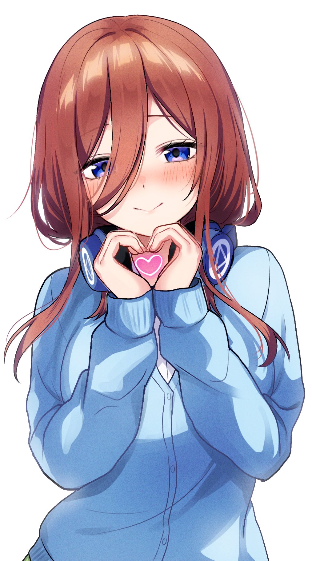 1girl blue_cardigan blue_eyes blush brown_hair cardigan closed_mouth go-toubun_no_hanayome hair_between_eyes headphones headphones_around_neck heart heart_hands highres kurosaki_coco long_hair long_hair_between_eyes long_sleeves looking_at_viewer nakano_miku shirt simple_background smile solo white_background