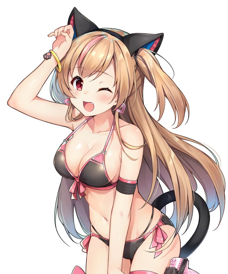 1girl 3.14 arm_up bikini black_bikini blush bracelet breasts brown_hair cat_tail cleavage collarbone earrings fang girls&#039;_frontline gun h&amp;k_mark_23 halterneck heart heart_earrings heckler_&amp;_koch holster holstered jewelry large_breasts long_hair looking_at_viewer match_grade match_grade_firearm match_grade_pistol mk23_(girls&#039;_frontline) multicolored_hair offensive_handgun one_eye_closed open_mouth pink_hair side-tie_bikini_bottom smile solo swept_bangs swimsuit tail very_long_hair weapon