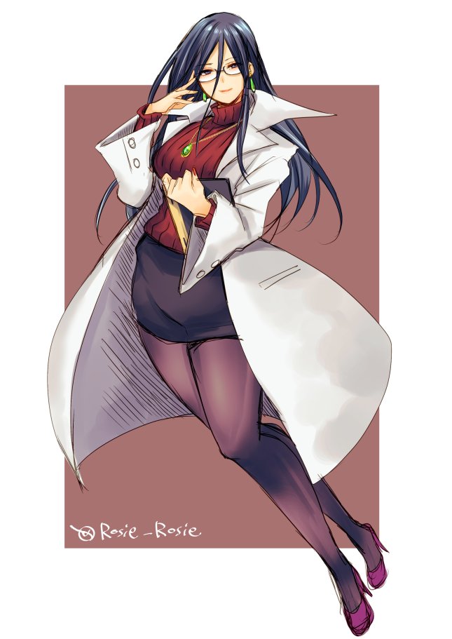 1girl black_hair breasts full_body glasses high_heels jacket jewelry justice_gakuen lab_coat large_breasts long_hair long_sleeves looking_at_viewer minazuki_kyouko pantyhose pencil_skirt purple_eyes red_sweater rosie_rosie simple_background skirt smile solo sweater turtleneck