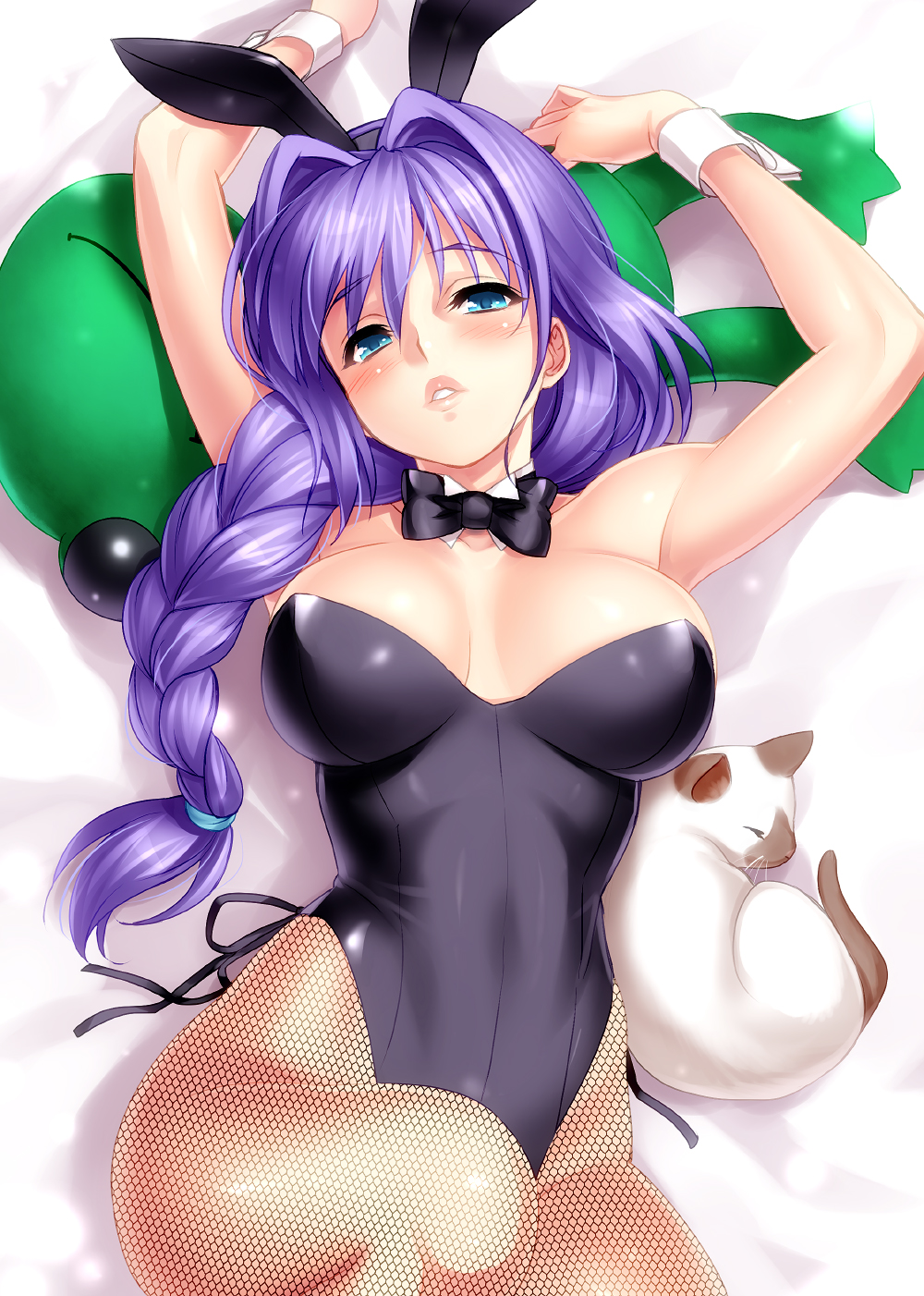 1girl animal_ears bare_shoulders blue_eyes blush bow bowtie braid breasts rabbit_ears playboy_bunny cat detached_collar fake_animal_ears fishnet_pantyhose fishnets hair_intakes hair_over_shoulder highres kanon keropii large_breasts leotard lips long_hair lying mature_female minase_akiko on_back pantyhose parted_lips piro purple_hair single_braid wrist_cuffs zen