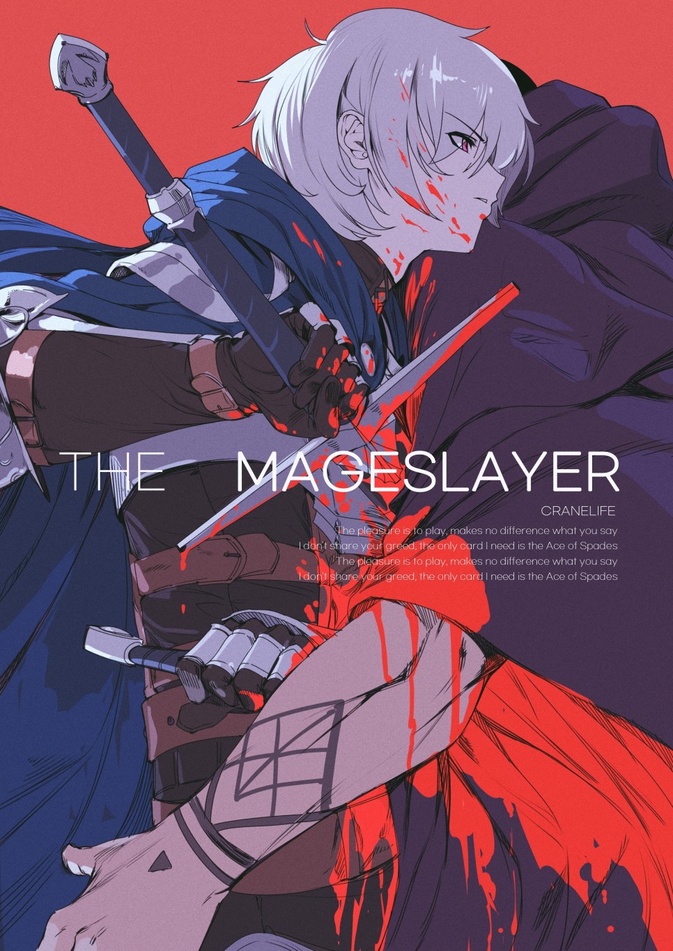 2boys arm_tattoo armor blood blood_in_hair blood_on_arm blood_on_clothes blood_on_face blood_on_gloves bloody_weapon blue_cape breastplate brown_gloves cape cover dripping dual_wielding english_text eyes_visible_through_hair fantasy film_grain gloves grey_hair hatching_(texture) highres holding holding_sword holding_weapon hood hood_down hooded_cape jin_rou male_focus multiple_boys novel_illustration official_art original parted_lips pauldrons pink_eyes red_background shoulder_armor simple_background stab sword tattoo turtleneck vambraces weapon