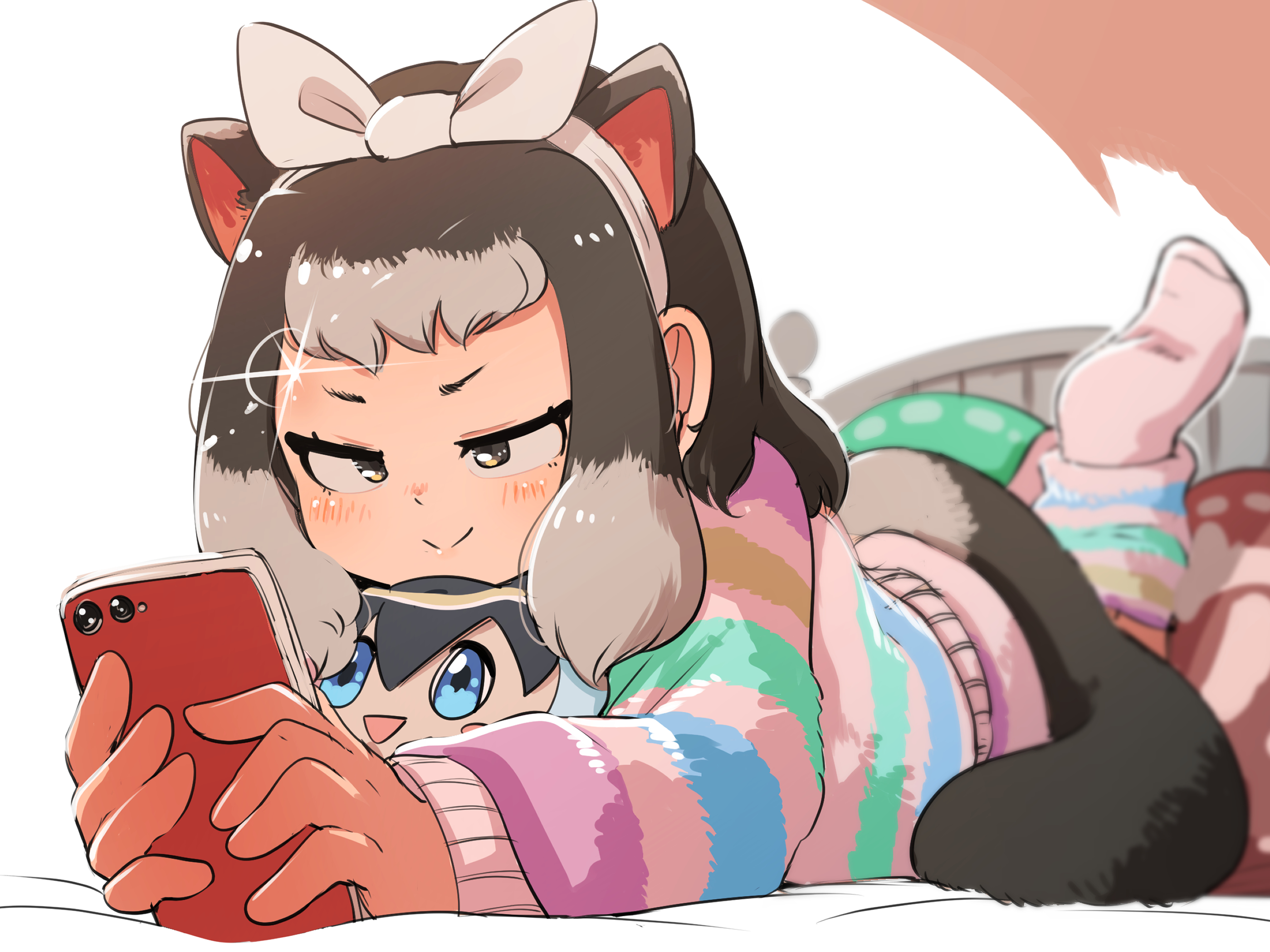 1girl alpine_marmot_(kemono_friends) animal_ears blue_eyes cellphone common_dolphin_(kemono_friends) extra_ears grey_eyes grey_hair highres kemono_friends kemono_friends_3 long_hair marmot_ears marmot_girl marmot_tail mcgunngu on_bed pajamas phone ribbon simple_background smartphone socks stuffed_toy tail