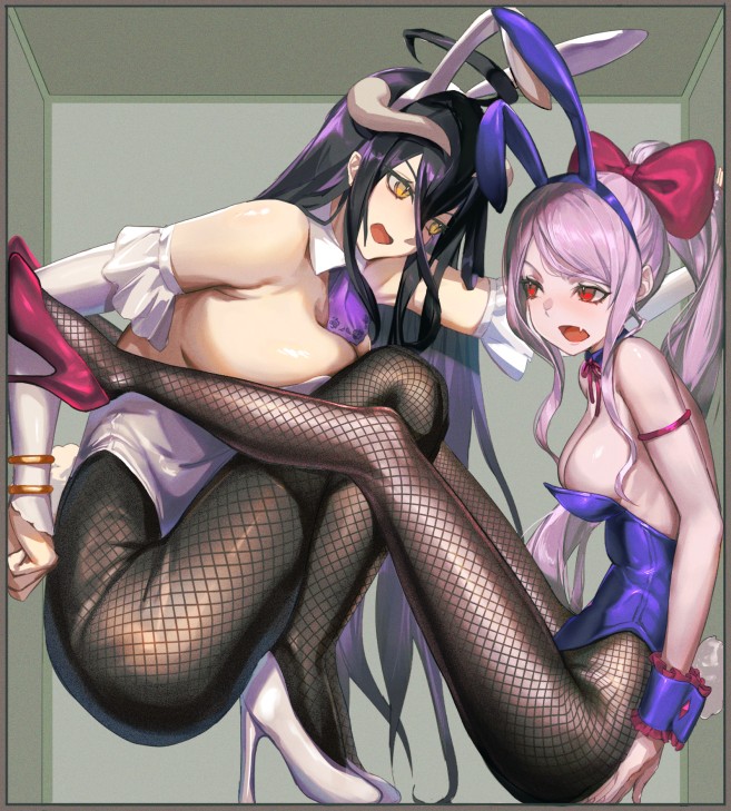 2girls albedo_(overlord) animal_ears black_hair breasts commentary_request detached_collar eyelashes fake_animal_ears fang fishnet_pantyhose fishnets high_heels horns large_breasts leotard long_hair multiple_girls open_mouth overlord_(maruyama) pantyhose playboy_bunny ponytail purple_hair rabbit_ears red_eyes scrunchie shalltear_bloodfallen skin_fang slit_pupils stuck_in_a_box tsugu0302 wrist_scrunchie yellow_eyes