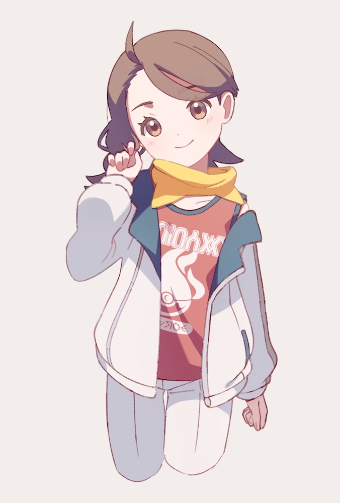 1girl ahoge brown_eyes brown_hair closed_mouth collarbone commentary eyelashes hand_up head_tilt jacket juliana_(pokemon) long_sleeves nintendo open_clothes open_jacket pokemon pokemon_sv red_shirt shirt shorts simple_background sleeveless sleeveless_shirt smile suimoku_(hzdg5322) white_background white_jacket white_shorts