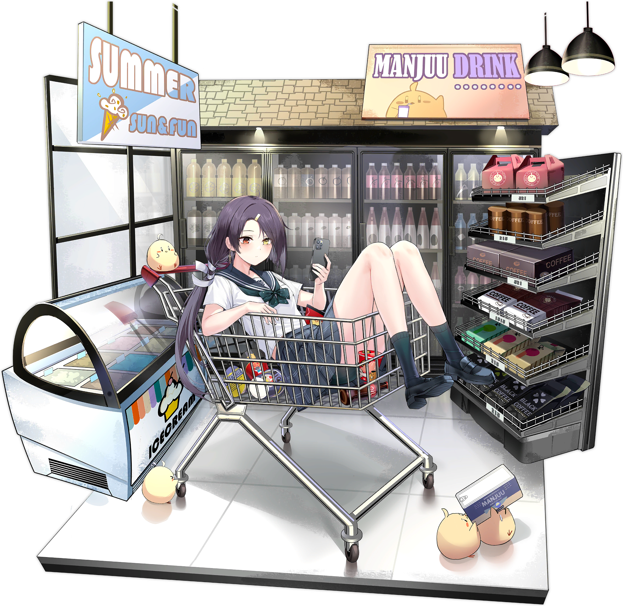 1girl asymmetrical_hair azur_lane bare_legs bike_shorts black_hair black_shoes black_socks blue_sailor_collar blush bow bowtie cassin_(azur_lane) cassin_(shopping_carte_blanche)_(azur_lane) cellphone closed_mouth cross cross_earrings earrings freezer green_bow green_bowtie hair_ornament hairpin heterochromia highres holding holding_phone in_shopping_cart jewelry loafers long_hair looking_at_phone low_ponytail manjuu_(azur_lane) miniskirt mole mole_under_eye nose_blush official_alternate_costume official_art ootsuki_momiji phone plaid_clothes plaid_skirt pleated_skirt ponytail red_eyes refrigerator sailor_collar school_uniform serafuku shirt shoes shopping_cart short_sleeves shorts shorts_under_skirt skirt smartphone smile socks solo sweatdrop tile_floor tiles transparent_background white_shirt yellow_eyes