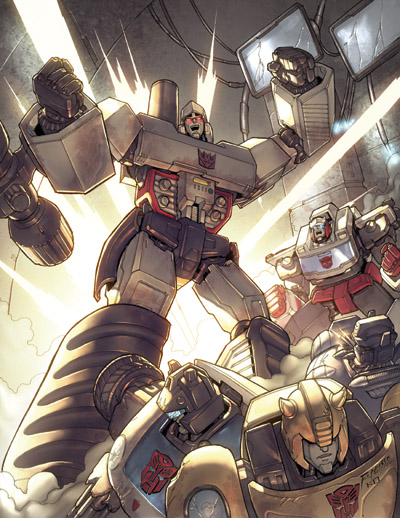 artist_collaboration assault_visor autobot blue_eyes bumblebee_(transformers) cable character_request decepticon frown horns jazz_(transformers) kieran_oats mecha mecha_focus megatron no_humans official_alternate_costume official_art open_mouth ratchet_(transformers) red_eyes rex-203 robot smile smoke the_transformers_(idw) transformers