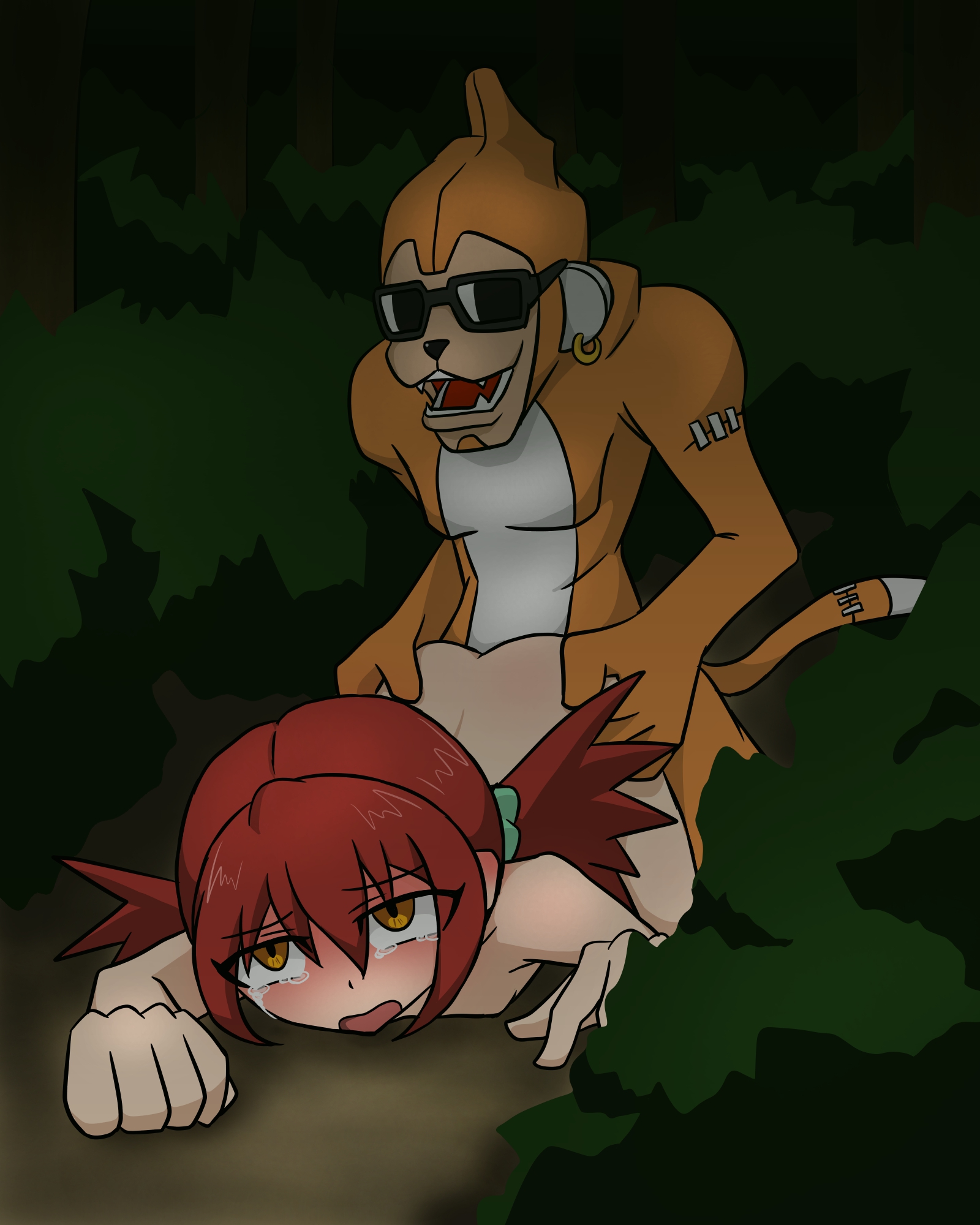 digimon digimon_xros_wars etemon hair_ornament hairclip highres hinomoto_akari long_hair orange_eyes red_hair sex twintails