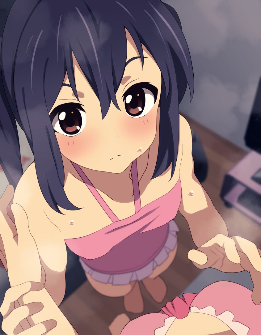 2girls barefoot bikini black_hair blush breasts brown_eyes female_pov frilled_one-piece_swimsuit frills full_body hand_up height_difference hirasawa_yui holding_hands indoors k-on! long_hair looking_at_viewer looking_up medium_breasts multiple_girls nakano_azusa one-piece_swimsuit out_of_frame pink_bikini pink_one-piece_swimsuit pov pov_breasts pov_hands protected_link sidelocks small_breasts standing steam sweat swimsuit television tennosuke_(tejons) twintails wooden_floor yuri