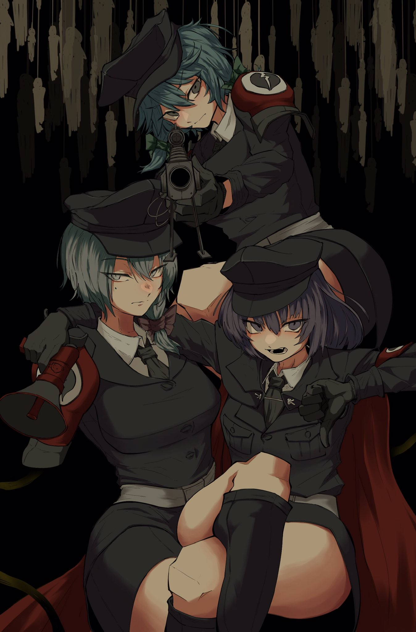 3girls aiming aiming_at_viewer ascot belt black_ascot black_bow black_footwear black_gloves black_hat black_jacket black_skirt blue_hair boots bow breasts broken_heart_print cape closed_mouth collared_shirt commentary_request cookie_(touhou) crossed_legs ein_(cookie) feet_out_of_frame geru_futota gloves green_bow grey_belt grey_eyes grey_hair gun hair_between_eyes hair_bow hat highres holding holding_gun holding_megaphone holding_weapon izayoi_sakuya jacket large_breasts looking_at_viewer medium_breasts megaphone military_hat military_uniform multiple_girls odoro_(nicoseiga81184094) open_mouth purple_eyes purple_hair red_cape remilia_scarlet rifle shirt short_hair skirt sniper_rifle teeth thumbs_down touhou weapon white_shirt zwei_(cookie)