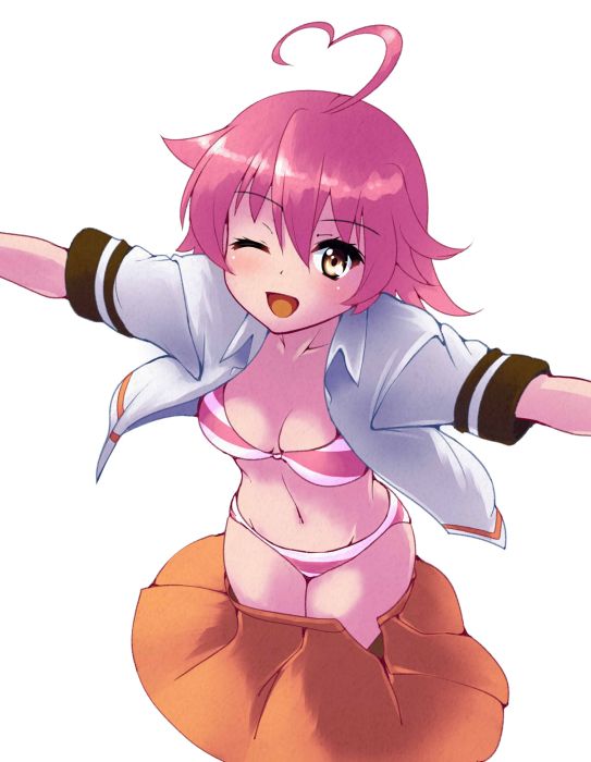 1girl ahoge aino_heart arcana_heart bra breasts brown_eyes cleavage heart heart_ahoge kasabou legs looking_at_viewer medium_breasts navel one_eye_closed open_clothes open_mouth panties pink_hair school_uniform short_hair smile striped_bra striped_clothes striped_panties thighs underwear wink