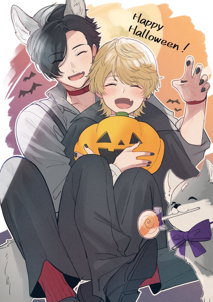 2boys :3 ^_^ animal animal_collar animal_ear_fluff animal_ears arm_up bat_(animal) black_cape black_footwear black_hair black_nails black_pants black_ribbon blonde_hair blush bracelet brothers candy cape claws clive_rosfield closed_eyes collar collared_cape collared_shirt commentary crossed_arms dog english_text eyes_visible_through_hair fang final_fantasy final_fantasy_xvi food grey_shirt halloween happy_halloween holding holding_candy holding_food holding_lollipop holding_pumpkin jack-o&#039;-lantern jewelry joshua_rosfield kemonomimi_mode kiyomiya lollipop male_focus medium_hair moon multiple_boys nail_polish neck_ribbon on_lap open_mouth outdoors pants pumpkin purple_ribbon red_collar red_socks ribbon shirt short_hair siblings sitting sitting_on_lap sitting_on_person smile socks suspenders swirl_lollipop symbol-only_commentary tail tongue torgal_(ff16) vampire werewolf