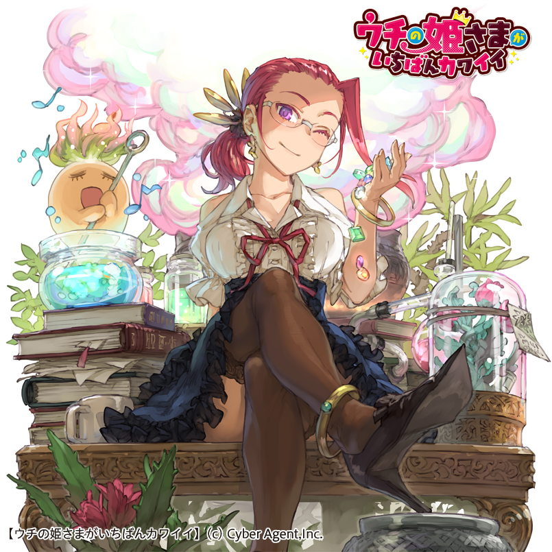 1girl book bracelet dress gems high_heels jewelry my_princess_is_the_cutest princess_uchi purple_eyes red_hair table thighhighs zettai_ryouiki