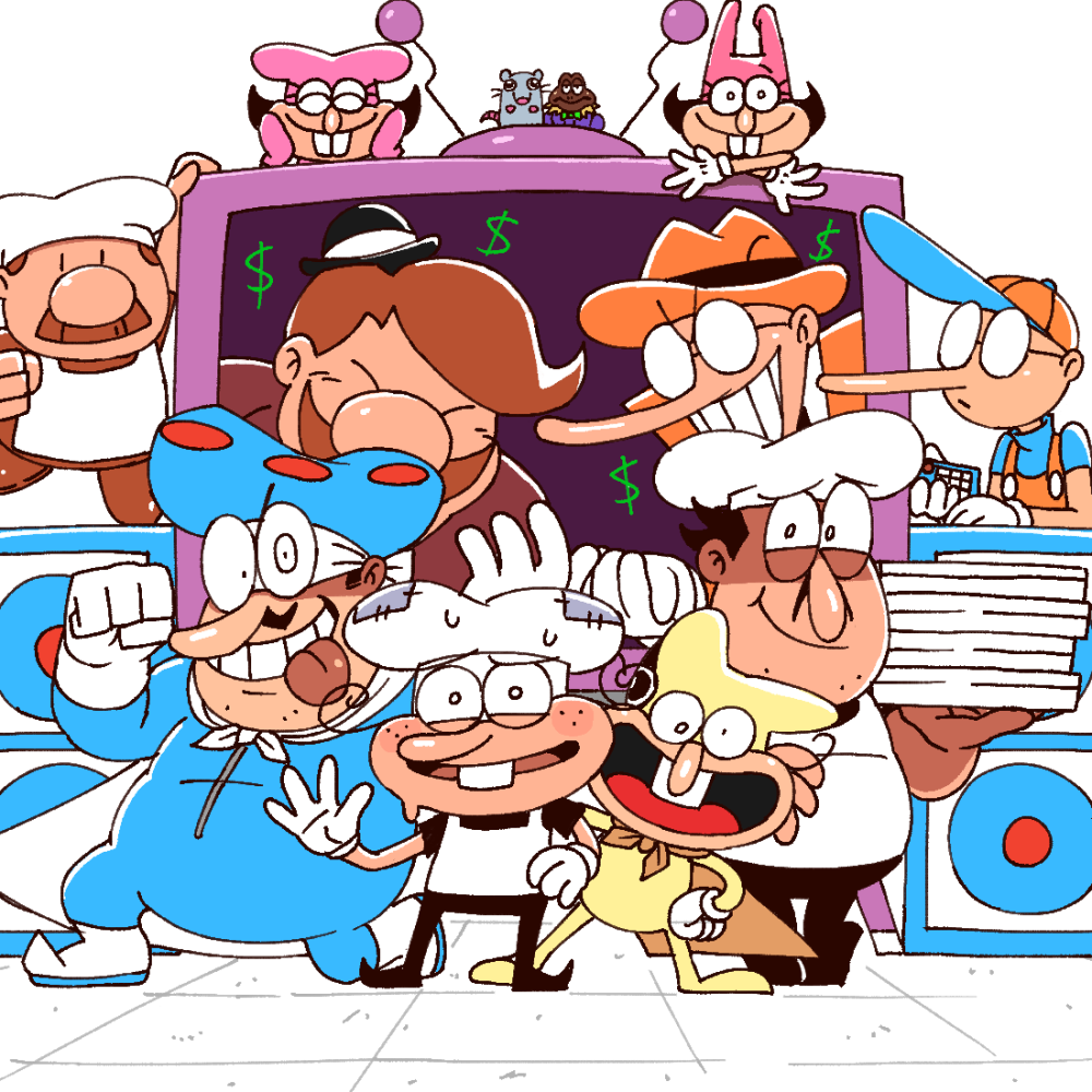 2girls 6+boys :d :p animal apron bad_link baseball_cap beard_stubble big_nose black_hair black_hat black_pants black_shirt blue_hat blue_jumpsuit blue_shirt blush_stickers bodysuit bowler_hat box brick_(pizza_tower) brown_hair brown_shirt brown_shoes buck_teeth cape chef_hat clenched_hand closed_eyes closed_mouth commentary controller crossed_arms crossover dollar_sign domino_mask dual_persona everyone facial_hair fat fat_man fedora freckles frog glasses gloves grin gustavo_(pizza_tower) half-closed_eyes hands_on_own_face hands_on_own_hips hanging_on hat heinzlike holding holding_box holding_remote_control jumpsuit long_nose looking_at_viewer marble_(sugary_spire) mask mouse_(animal) mr._stick_(pizza_tower) multiple_boys multiple_girls mustache nervous_sweating noisette_(pizza_tower) open_mouth orange_cape orange_hat orange_overalls overalls pants peppino_spaghetti pink_gloves pink_hat pizza_box pizza_tower pizzano_(sugary_spire) pizzele_(sugary_spire) rabbit-ear_headwear remote_control rosette_(sugary_spire) round_eyewear shirt shoes short_hair short_sleeves single_tooth smile speaker standing stinky_(sugary_spire) stubble sugary_spire sweat teeth television the_g_(sugary_spire) the_noise tile_floor tiles tongue tongue_out uneven_eyes v-shaped_eyebrows waving white_apron white_background white_cape white_gloves white_hat white_mask white_shoes yellow_bodysuit yellow_hat |_|