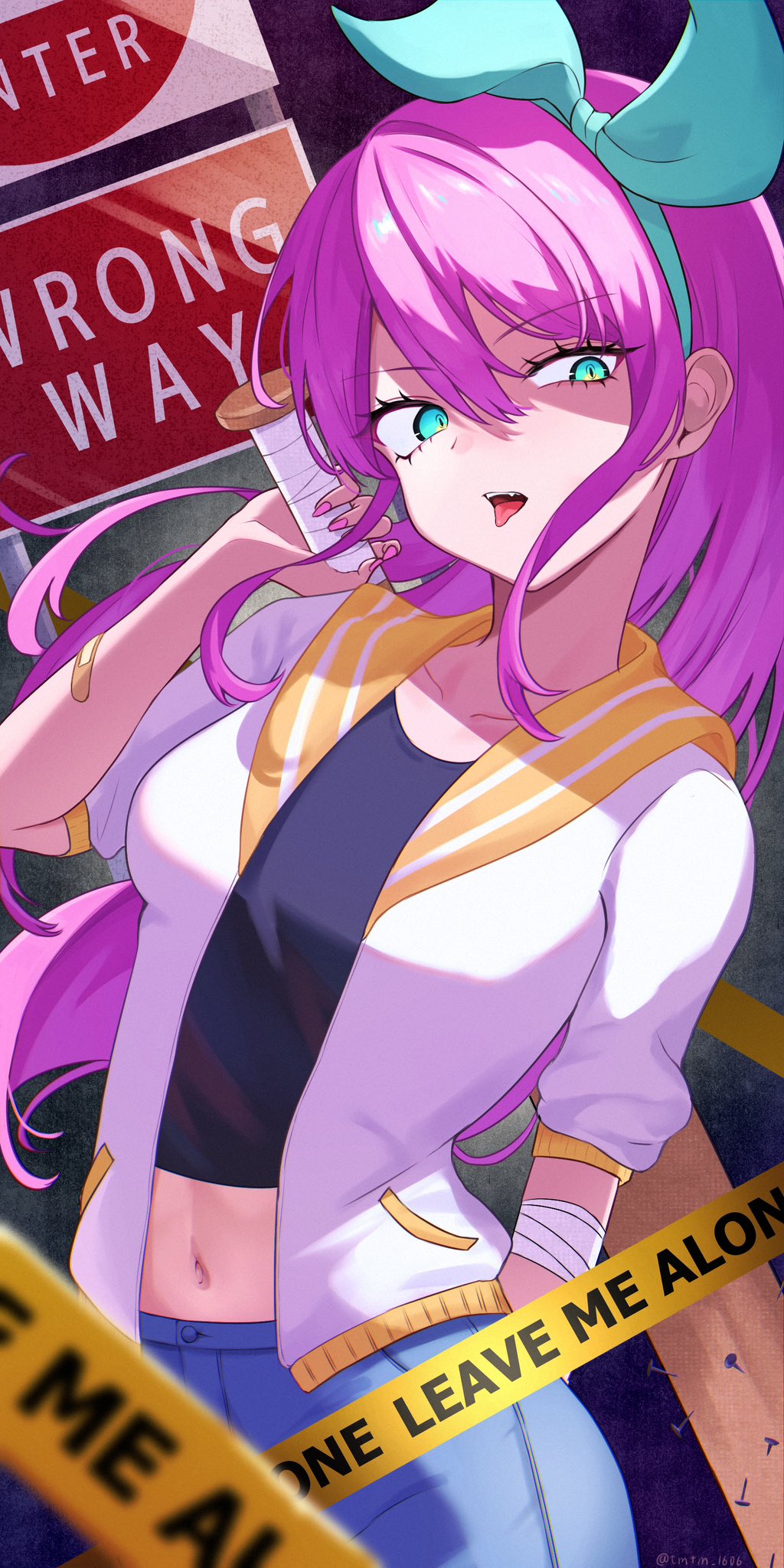 1girl aubrey_(faraway)_(omori) aubrey_(omori) baseball_bat blue_hairband blue_skirt breasts crop_top denim denim_skirt green_eyes hairband harumaki_tokage highres holding holding_baseball_bat jacket long_hair medium_breasts nail nail_(hardware) nail_bat navel omori pink_hair road_sign sign skirt solo tongue tongue_out white_jacket