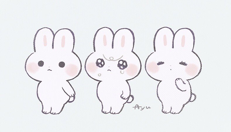 :3 ayu_(mog) blush_stickers rabbit crying looking_at_viewer original signature simple_background tearing_up tears unibrow white_background