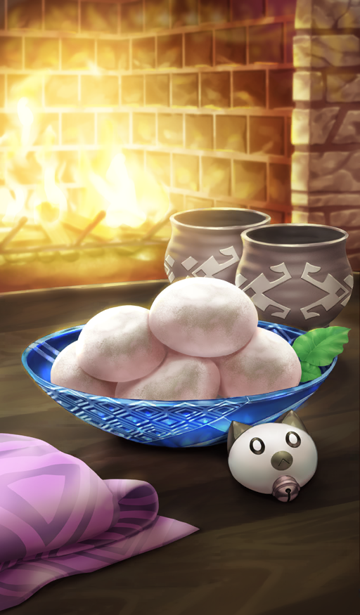 beppu_mitsunaka bowl cat chocolate commentary cup fate/grand_order fate_(series) fire fireplace food food_focus garnish leaf mochi no_humans official_art pink_scarf scarf still_life third-party_source unworn_scarf white_chocolate