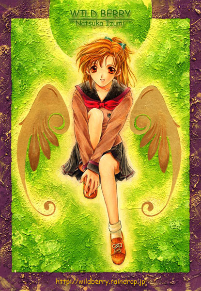 1990s_(style) 1girl angel_wings artist_name black_sailor_collar black_skirt border brown_eyes brown_footwear brown_hair brown_shirt commentary_request detached_wings full_body green_background grin happy hugging_own_legs invisible_chair izumi_natsuka knee_up long_hair long_sleeves looking_at_viewer necktie original ponytail purple_border red_necktie retro_artstyle sailor_collar school_uniform serafuku shirt sitting skirt sleeve_cuffs smile socks solo white_socks wings
