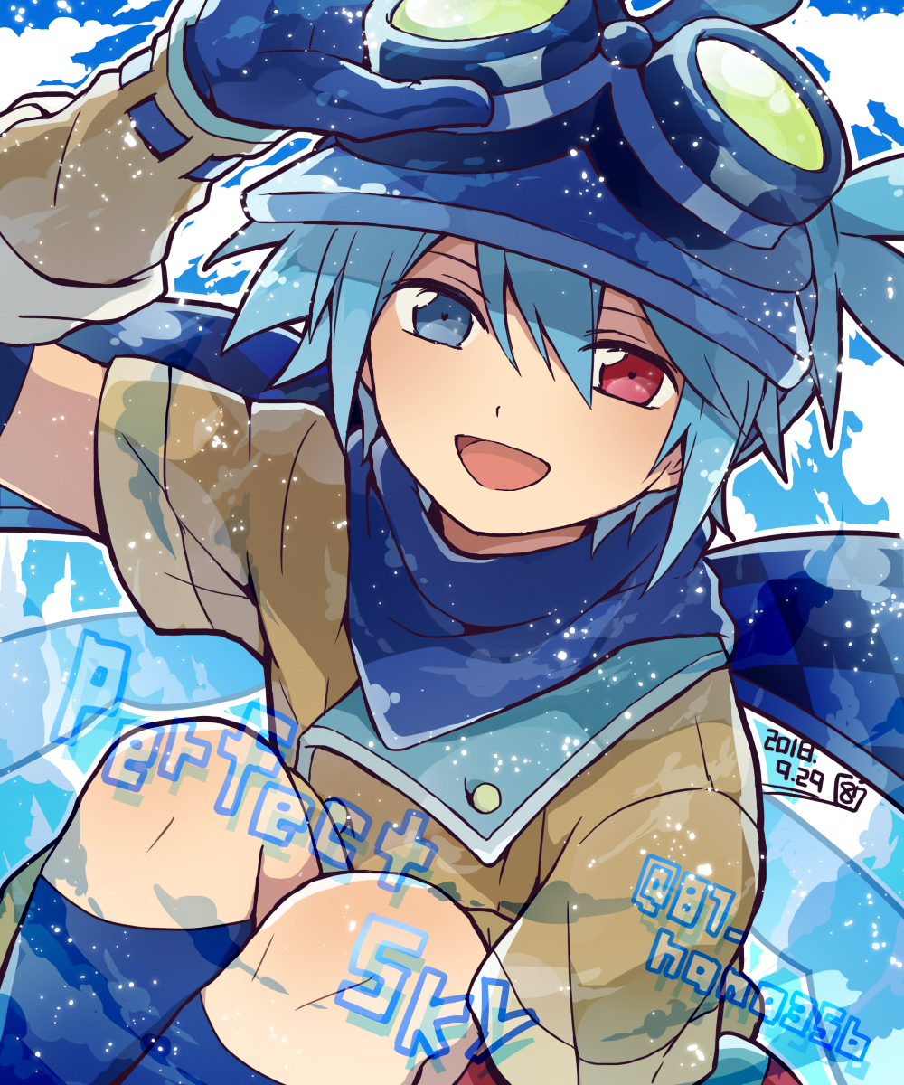 1boy blue_eyes blue_gloves blue_hair blue_scarf brown_shirt dated gloves goggles hair_between_eyes hana_(mew) helmet heterochromia highres knees_up looking_at_viewer male_focus open_mouth puyopuyo puyopuyo_fever puyopuyo_quest red_eyes scarf shirt short_sleeves sig_(puyopuyo) solo twitter_username