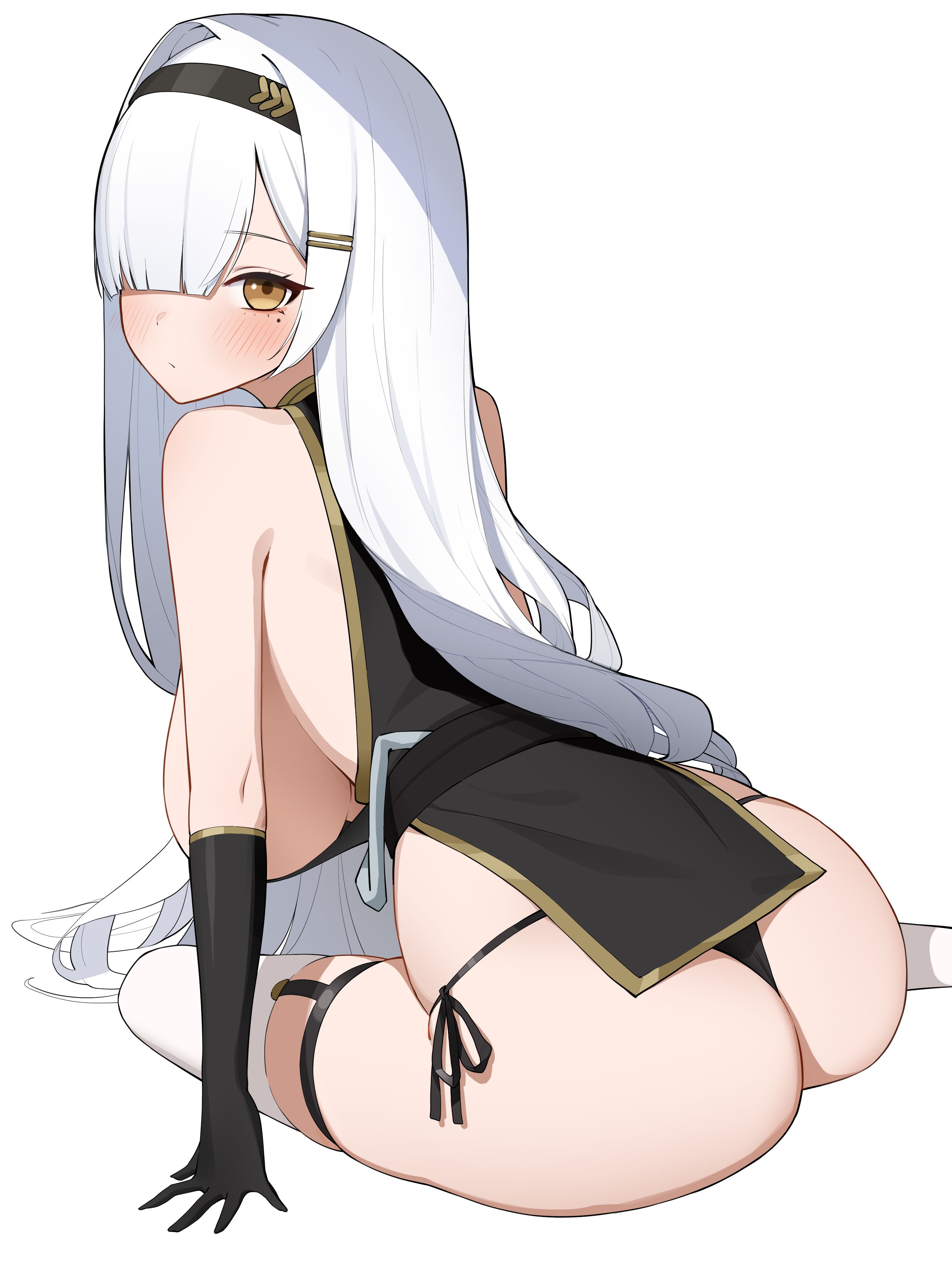 1girl absurdres ass bare_shoulders black_dress black_gloves black_hairband black_panties blunt_bangs breasts closed_mouth commission dress from_behind gloves gold_trim hair_ornament hair_over_one_eye hairband hairclip hantata highres kiriel's_character large_breasts leaning_forward long_hair looking_at_viewer looking_back mole mole_under_eye no_bra original panties pelvic_curtain second-party_source short_dress sideboob simple_background sitting skindentation sleeveless sleeveless_dress solo string_panties thigh_strap thighhighs thighs underwear very_long_hair white_background white_hair white_thighhighs yellow_eyes