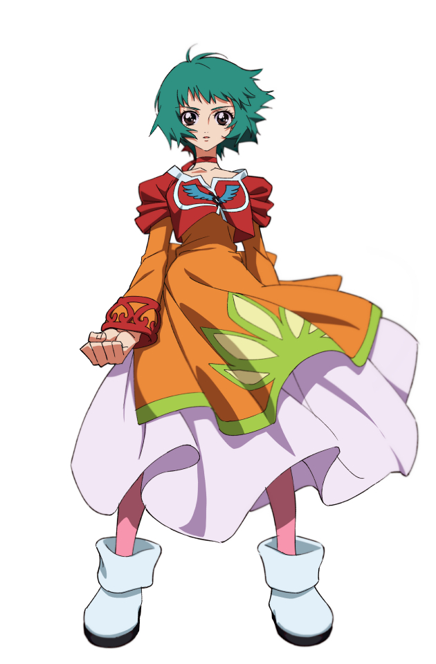 1girl boots brown_eyes choker dress farah_oersted full_body green_hair long_sleeves looking_at_viewer open_mouth orange_dress pantyhose parted_lips pink_pantyhose red_choker short_hair simple_background solo standing tales_of_(series) tales_of_eternia white_background white_boots yoko.u