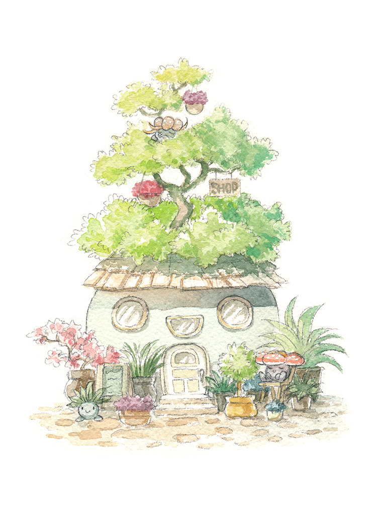 commentary door english_commentary flower gen_1_pokemon gloom_(pokemon) nintendo no_humans oddish oliver_hamlin painting_(medium) plant pokemon pokemon_(creature) potted_plant shop traditional_media tree vileplume watercolor_(medium) white_background window