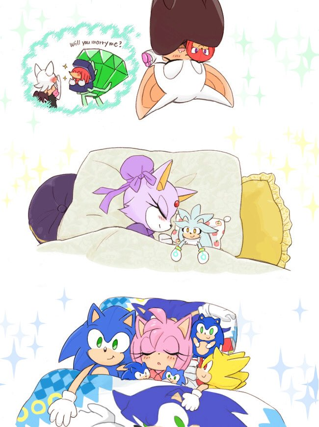 _on_bed amy_rose bed bed_sheet blanket blaze_the_cat blush child closed_eyes dreaming knuckles_the_echidna master_emerald pajamas princess rouge_the_bat saliva sega silver_the_hedgehog sleeping sonic_(series) sonic_the_hedgehog stuffed_toy super_sonic yotsumeddd