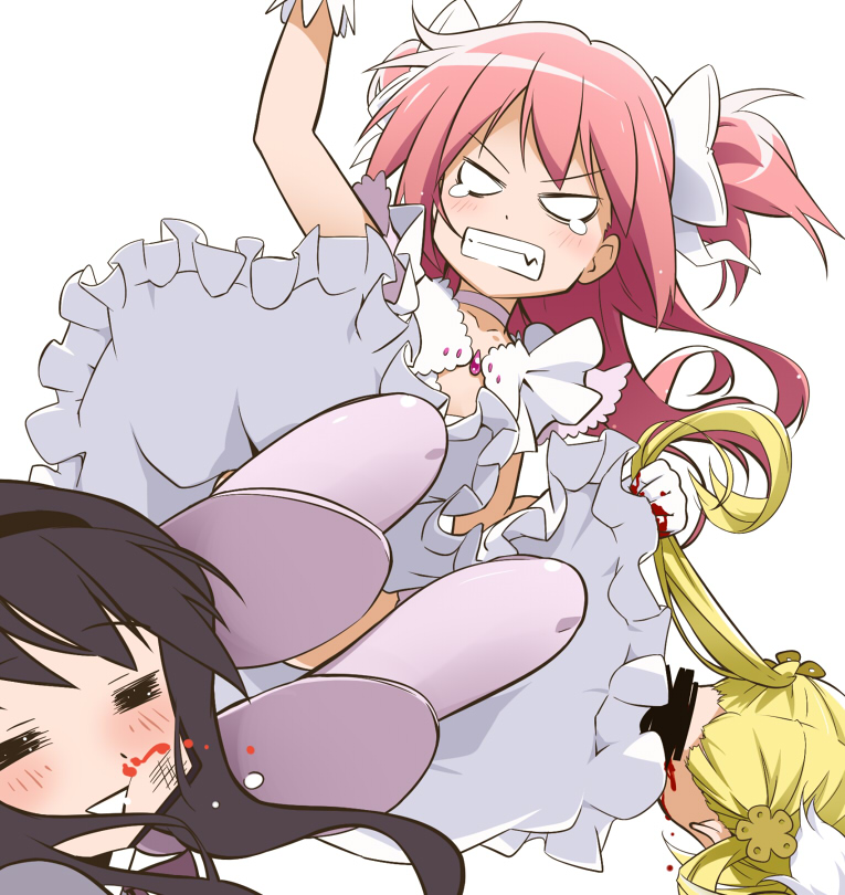 10s 3girls =_= akemi_homura akemi_homura_(magical_girl) angry black_hair blonde_hair blood blood_stain boots censored censored_violence clenched_teeth closed_eyes dress drill_hair drop_kick flying_kick gloves grabbing_another&#039;s_hair hair_ornament hairband kaname_madoka kicking long_hair mahou_shoujo_madoka_magica mahou_shoujo_madoka_magica_(anime) mami_mogu_mogu masochism multiple_girls nosebleed open_mouth pink_boots pink_hair scowl severed_head simple_background smile snarl spoilers teardrop tears teeth thigh_boots thighhighs tomoe_mami two_side_up ultimate_madoka white_background youkan