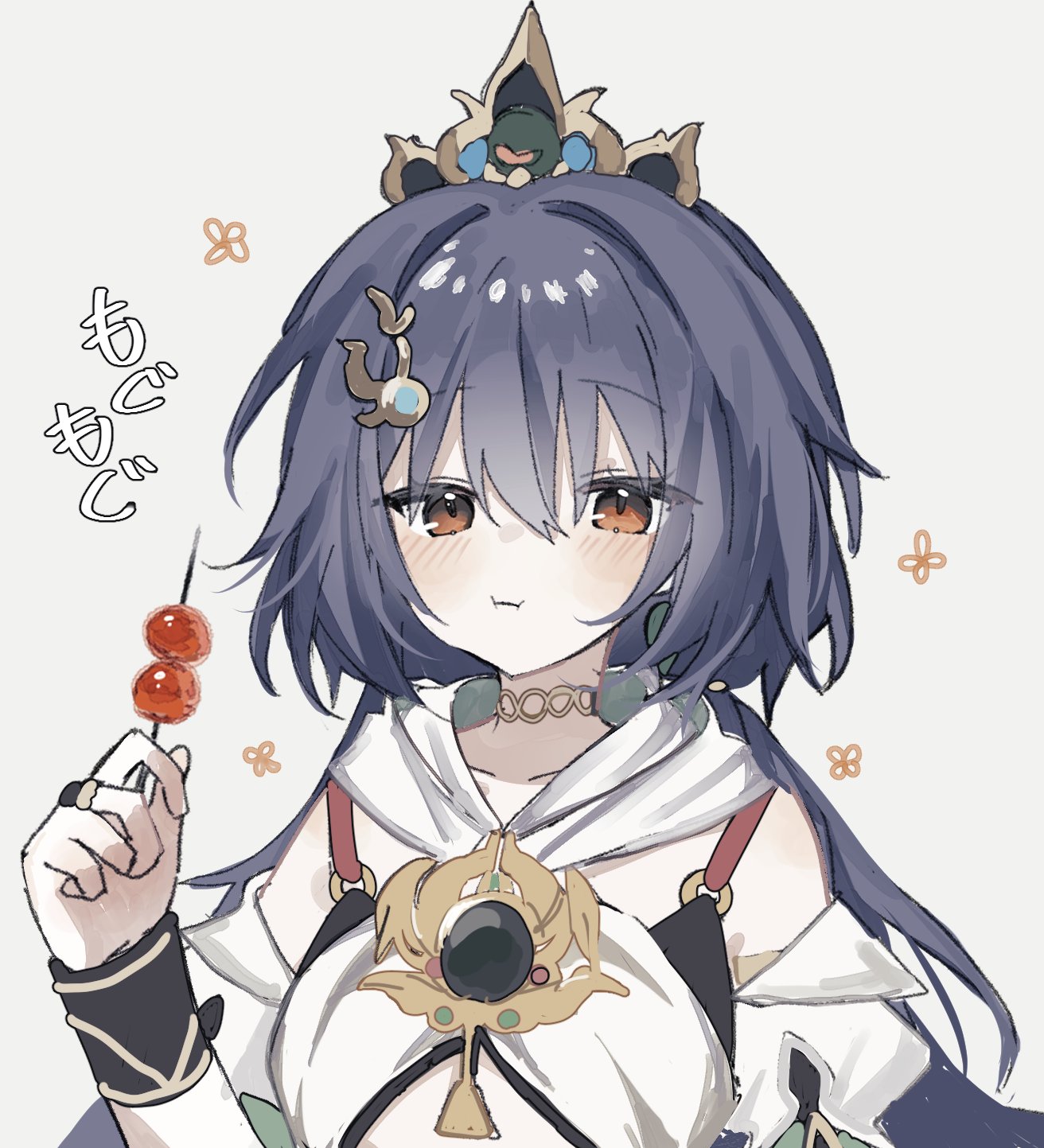 1girl :i bare_shoulders black_bra bra brown_eyes chinese_clothes choker commentary_request detached_sleeves eating expressionless grey_background hair_between_eyes hair_ornament hairclip hand_up headpiece highres holding holding_skewer honkai:_star_rail honkai_(series) hyb_muyuu long_hair looking_at_viewer low_twintails short_sleeves simple_background skewer solo tanghulu translation_request twintails underwear upper_body yunli_(honkai:_star_rail)