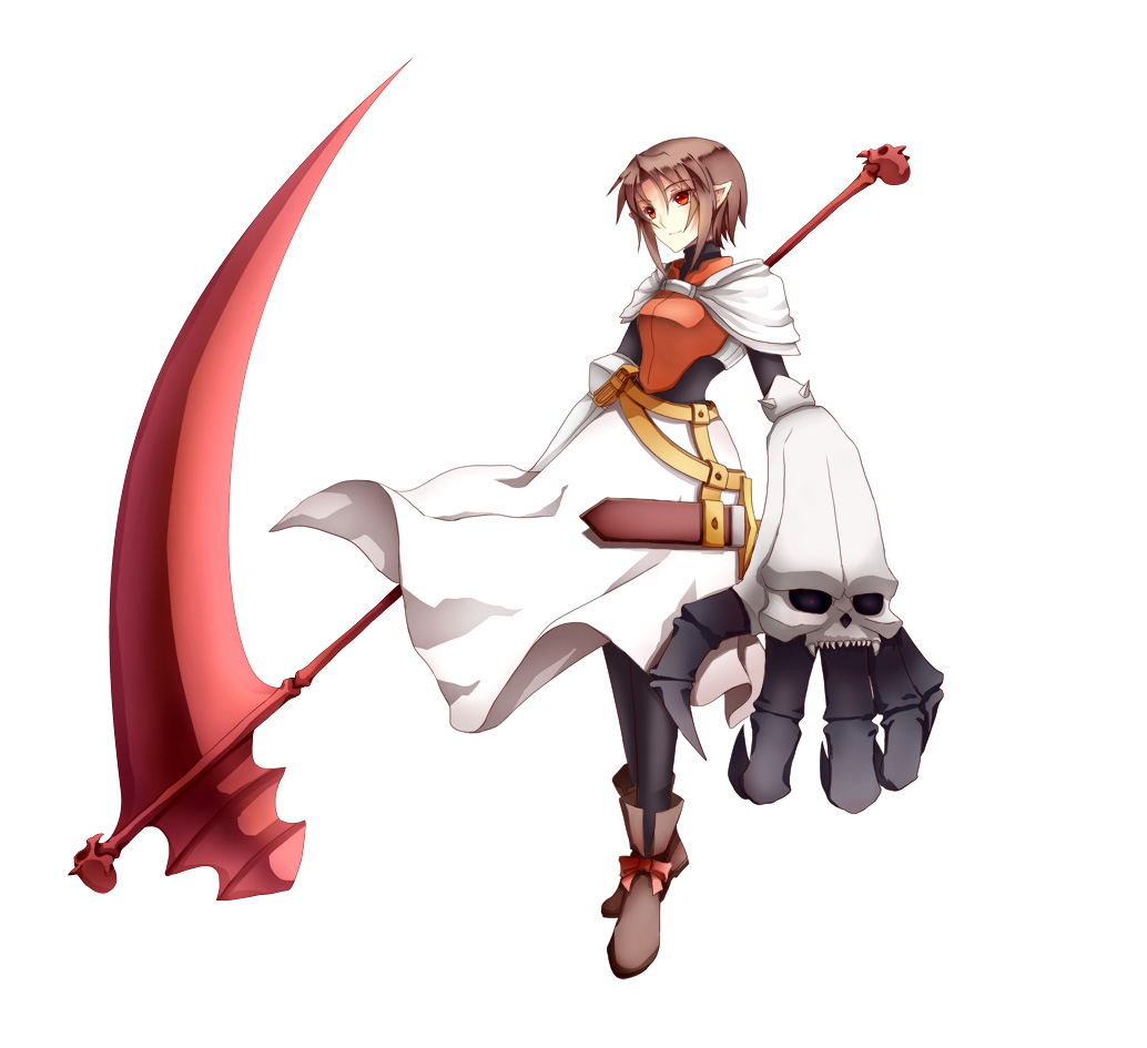 1girl armor armored_dress asc_(sfhiro) belt brown_hair claws dress female_focus full_body gloves hillo hiro_(spectral_force) holding_behind_back holding_polearm holding_polearm_behind_back holding_weapon holding_weapon_behind_back pointy_ears polearm red_eyes scythe shoes short_hair solo spectral_(series) spectral_force spectral_souls white_background white_dress