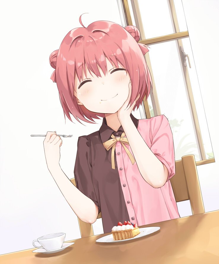 1girl akaza_akari chair closed_eyes cup food fork hair_bun hand_on_own_face red_hair ribbon shikou_sakugo_(qqap9gt9k) single_hair_bun smile table yuruyuri