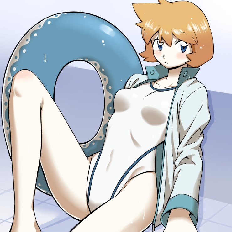 1girl blue_eyes blush breasts collarbone covered_navel eyebrows female_focus frown game_freak gym_leader hair_between_eyes image_sample innertube jacket leg_up long_sleeves medium_breasts misty_(pokemon) naver_sample nintendo nutkingcall one-piece_swimsuit open_clothes open_jacket orange_hair pokemon pokemon_hgss popped_collar short_hair sitting solo swim_ring swimsuit white_jacket white_one-piece_swimsuit