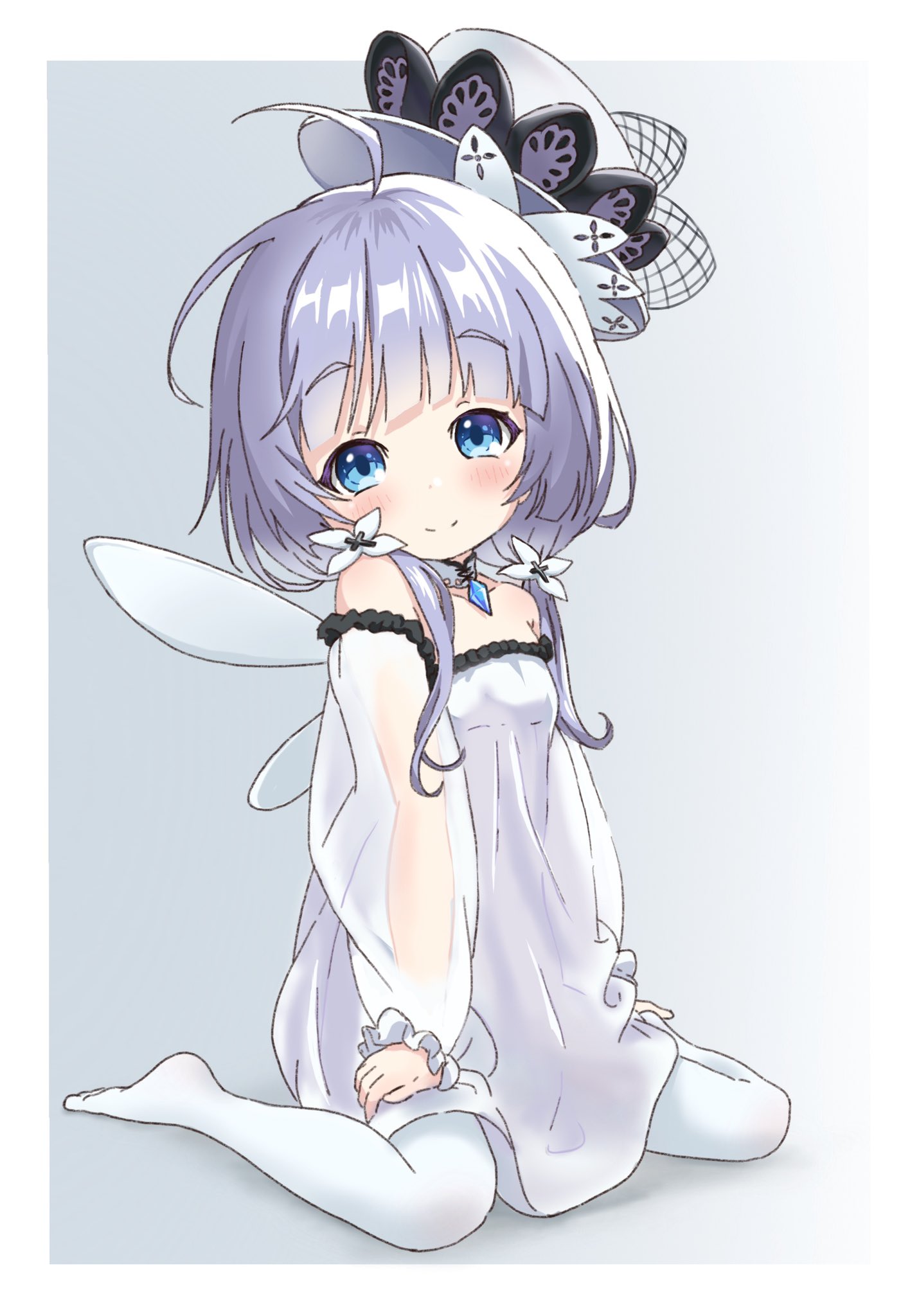 1girl ahoge azur_lane bare_shoulders blue_eyes child dress fake_wings full_body hat highres kumaji_(kumazidayo) little_illustrious_(azur_lane) long_hair looking_at_viewer low_twintails pantyhose silver_hair simple_background sitting smile solo strapless strapless_dress twintails white_background white_dress white_hat white_pantyhose wings