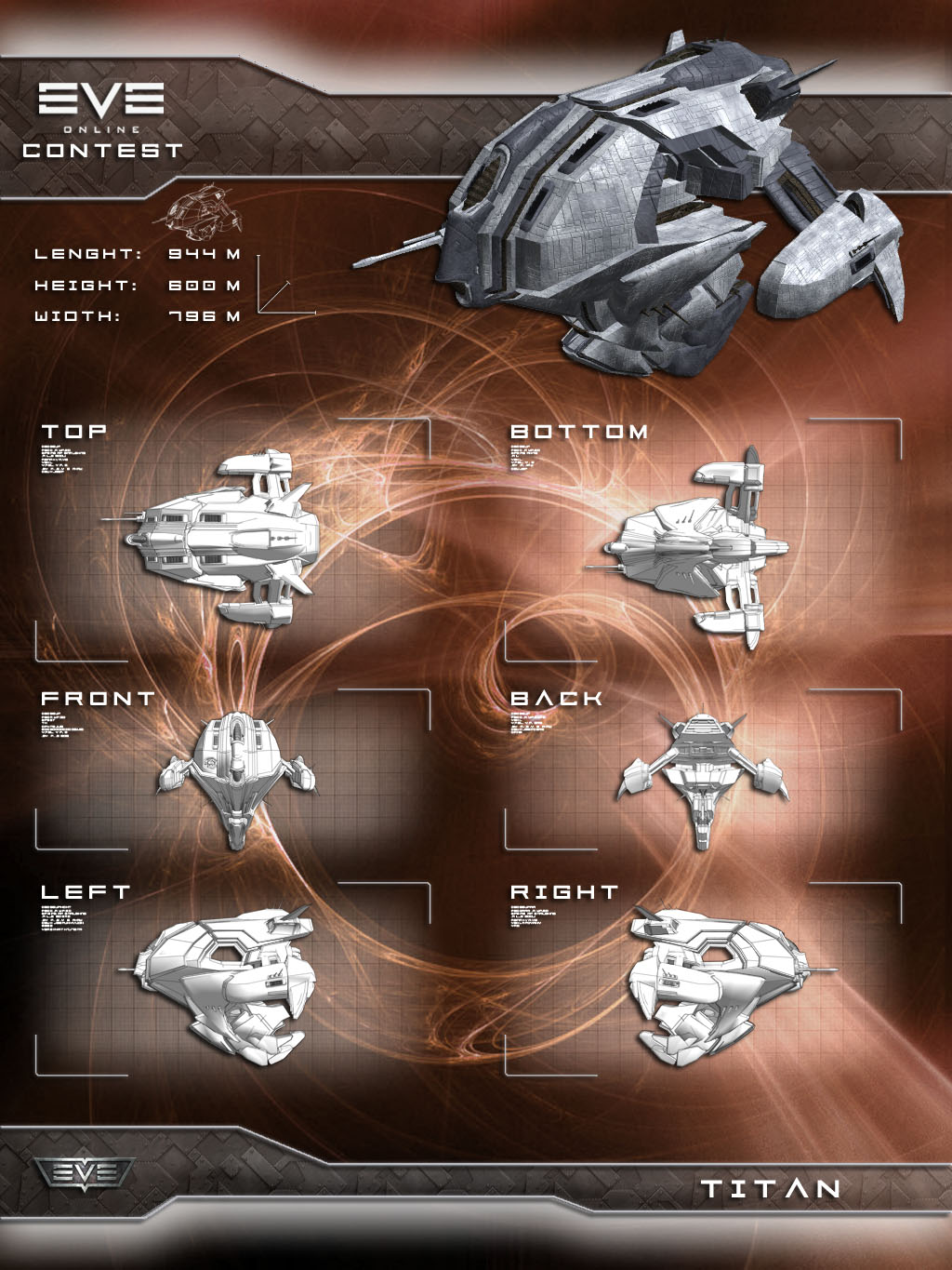 3d battleship_(eve_online) blueprint_(medium) brown_background brown_theme caldari_state_(eve_online) commentary concept_art copyright_name eve_online from_above from_behind from_below from_side highres logo military military_vehicle multiple_views mystic-galaxy no_humans original science_fiction spacecraft thrusters vehicle_focus