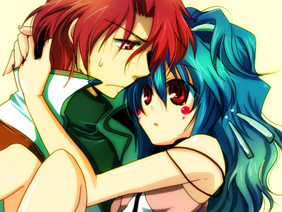1boy 1girl alfimi axel_almer banpresto blue_hair carrying facial_mark hio_(artist) long_hair lowres princess_carry red_eyes red_hair short_hair super_robot_wars super_robot_wars_advance super_robot_wars_impact super_robot_wars_original_generation sweatdrop