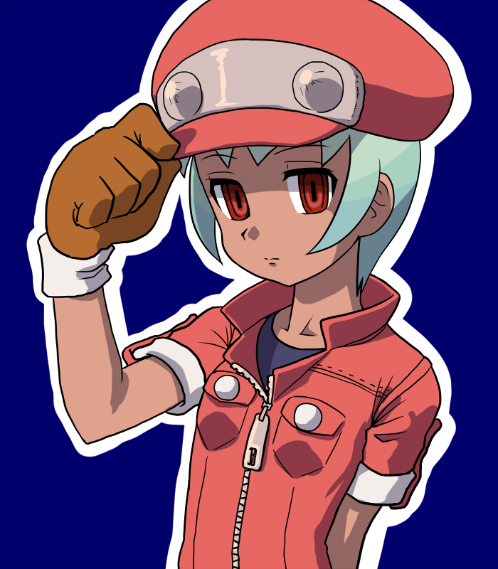 1girl newsboy_cap cosplay female_focus gloves green_hair hat jacket looking_at_viewer mega_man_(series) mega_man_legends_(series) mega_man_legends_2 mega_man_legends_3 muu_(mumumer) red_eyes red_jacket roll_caskett_(mega_man) roll_caskett_(mega_man)_(cosplay) sera_(mega_man) short_hair solo