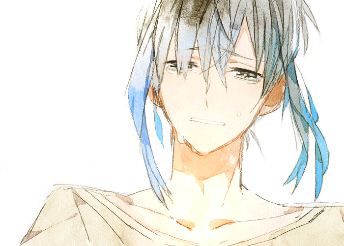 1boy blue_hair brown_shirt character_request check_character clenched_teeth collarbone commentary_request crying crying_with_eyes_open furrowed_brow gomas gradient_hair grey_eyes grey_hair grey_pupils hair_between_eyes male_focus multicolored_hair no.6 sad shion_(no.6) shirt short_hair simple_background solo t-shirt tears teeth upper_body white_background