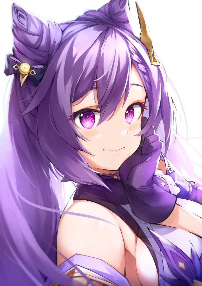 1girl armpit_peek braid breasts choker commentary cone_hair_bun detached_sleeves double_bun genshin_impact gloves hair_between_eyes hair_bun hair_ornament hand_on_own_cheek hand_on_own_face indonesian_commentary keqing_(genshin_impact) long_hair looking_at_viewer medium_breasts purple_eyes purple_gloves purple_hair rizihike sideboob sidelocks simple_background single_braid solo twintails white_background