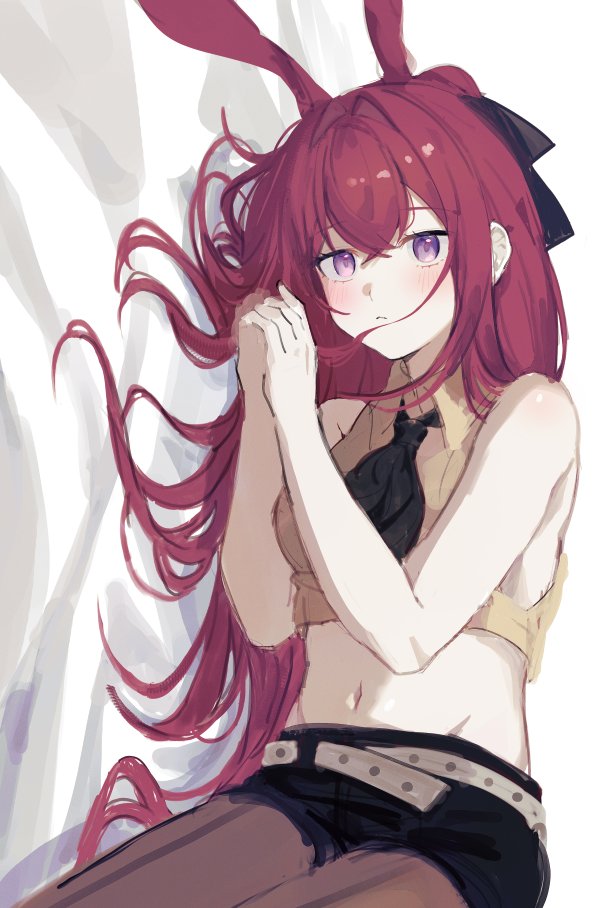 1girl animal_ears arknights bare_arms bare_shoulders belt black_shorts breasts brown_pantyhose brown_shirt closed_mouth collared_shirt crop_top expressionless hair_spread_out long_hair lying medium_breasts midriff navel neckerchief on_side pantyhose purple_eyes rabbit_ears ray_(arknights) red_hair shirt short_shorts shorts sleeveless sleeveless_shirt solo stomach zapik