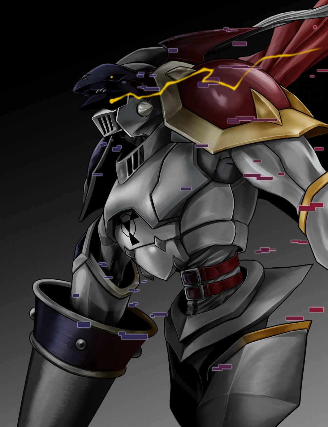 1boy armor black_armor black_background black_helmet cape chaosdukemon cowboy_shot dark_background digimon digimon_(creature) dukemon eye_trail glitch gradient_background grey_background helmet highres holding holding_polearm holding_weapon knight lance light_trail making-of_available manchi_kansuke polearm red_cape simple_background solo transformation weapon white_armor yellow_eyes