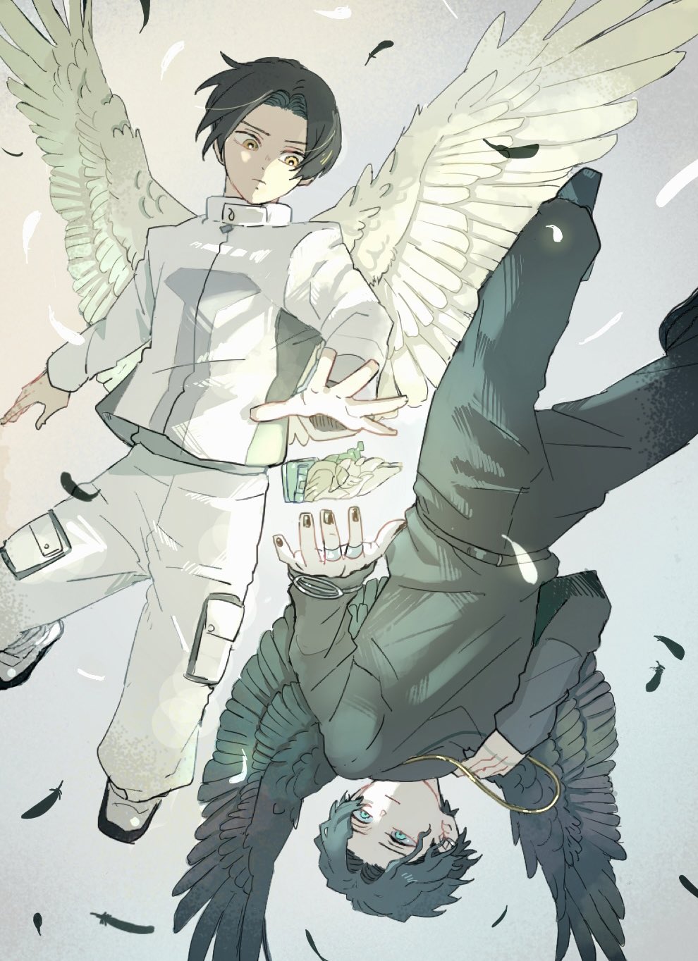 2boys adk-em ahoge angel_wings aqua_eyes armband artist_name bandai bandai_namco black_feathers black_hair black_nails black_pants black_shirt black_tail black_wings chain commentary_request death demon dual_persona eyebrows feathered_wings feathers fenix_uniform gloves glowing goth_fashion hand_on_own_face highres igarashi_daiji ishimori_prod jacket kagerou_(kamen_rider_revice) kamen_rider kamen_rider_revice looking_at_viewer male_focus meitarou multiple_boys nail_polish open_hand pants possessed shirt short_hair simple_background smile spoilers toei_company tokusatsu tv_asahi upside-down vest vistamp white_pants white_wings wing_genome wings yellow_eyes