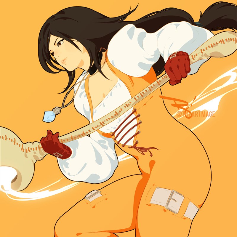 1girl black_choker black_hair bodysuit breasts brown_eyes choker cowboy_shot fighting_stance final_fantasy final_fantasy_ix garnet_til_alexandros_xvii gloves holding holding_staff jewelry lace-up_top long_hair long_sleeves looking_to_the_side low-tied_long_hair medium_breasts orange_background orange_bodysuit pendant puffy_long_sleeves puffy_sleeves red_gloves shirt solo staff swept_bangs the_art_mage thigh_strap twitter_username white_shirt