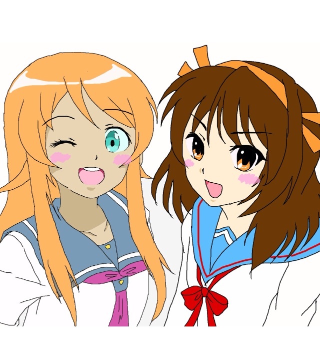 2girls blonde_hair brown_hair kousaka_kirino multiple_girls ore_no_imouto_ga_konna_ni_kawaii_wake_ga_nai sailor_collar suzumiya_haruhi suzumiya_haruhi_no_yuuutsu
