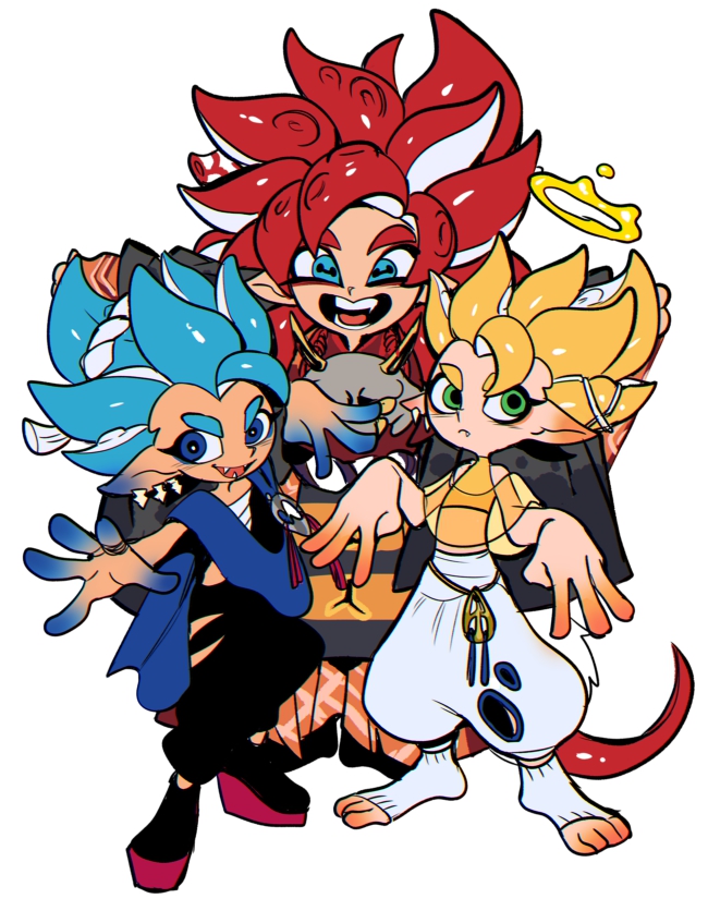 3boys alternate_species big_man_(splatoon) big_man_(splatoon)_(cosplay) blonde_hair blue_eyes blue_hair commentary_request cosplay dragon_ball dragon_ball_gt dragon_ball_super dragonball_z frye_(deep_cut_outfit)_(splatoon) frye_(splatoon) frye_(splatoon)_(cosplay) gogeta gogeta_(xeno) halo inkling japanese_clothes male_focus midriff multiple_boys nanika_(nnkgh) nintendo no_shoes octoling pointy_ears red_hair see-through_clothes shiver_(deep_cut_outfit)_(splatoon) shiver_(splatoon) shiver_(splatoon)_(cosplay) simple_background spiked_hair splatoon_(series) splatoonification suction_cups super_saiyan super_saiyan_4 super_saiyan_blue tail tentacle_hair white_background