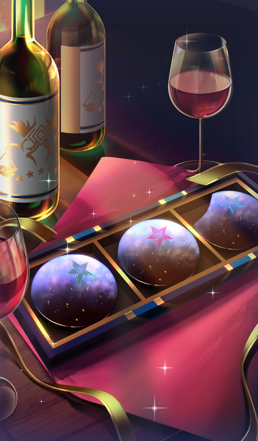 alcohol bottle box chocolate commentary cup dessert drink drinking_glass fate_(series) food food_focus hayosena in_box in_container no_humans official_art ribbon sparkle star_(symbol) still_life third-party_source wine wine_bottle wine_glass yellow_ribbon