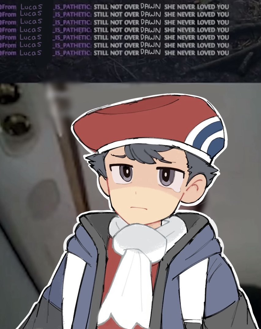 1boy ashke1chum beret creatures_(company) game_freak grey_eyes grey_jacket hat jacket lucas_(pokemon) male_focus meme nintendo outline photo-referenced pokemon pokemon_dppt pokemon_platinum scarf short_hair solo upper_body white_outline white_scarf you_have_no_real_friends_(meme)